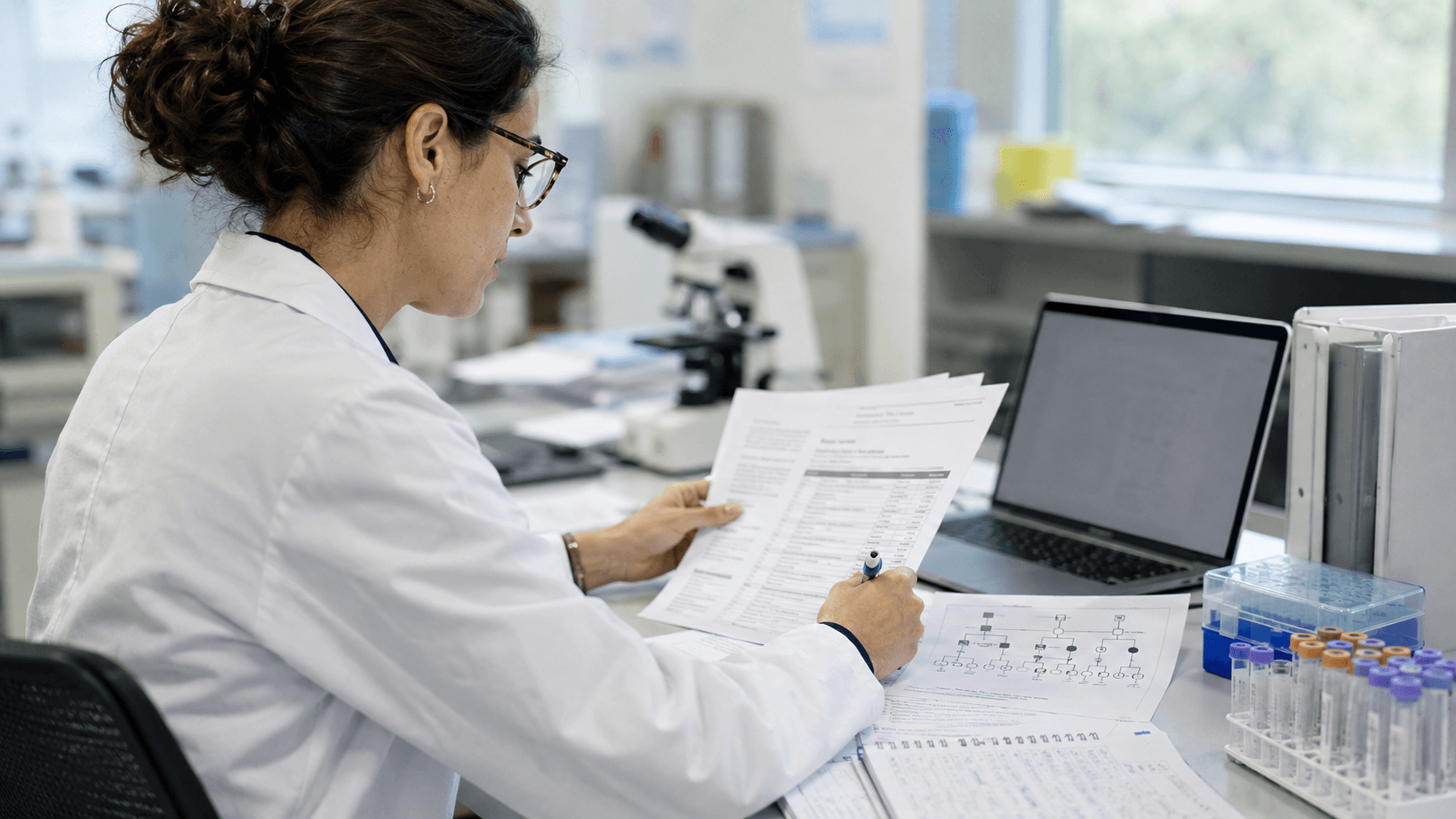 Clinical genetics researcher or doctor reviewing sequencing data, reports, and laboratory material in a standard genetics analysis setting.