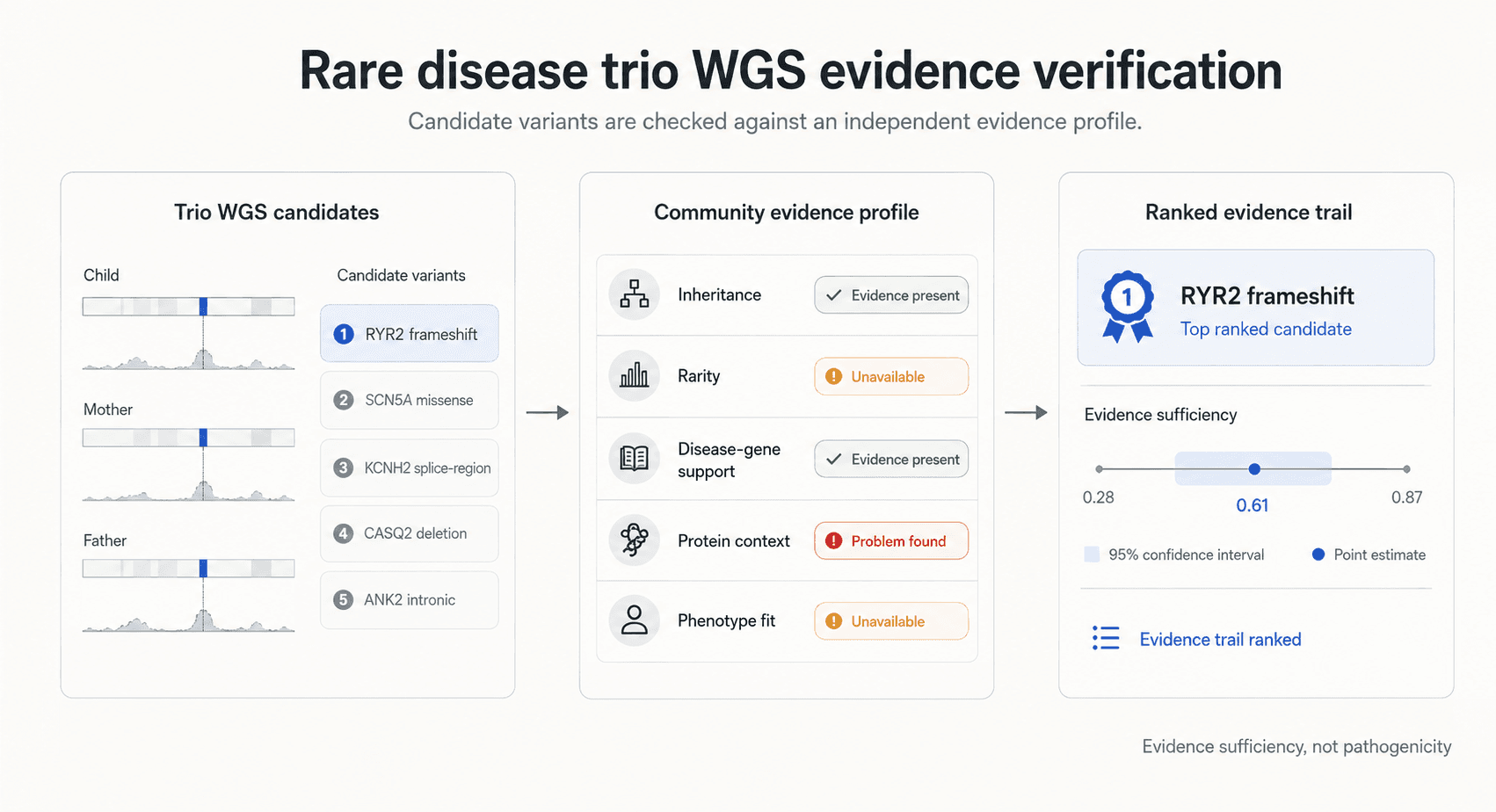 High-level clinical genetics workflow showing trio sequencing input, candidate variants, evidence checks, and a ranked evidence result.